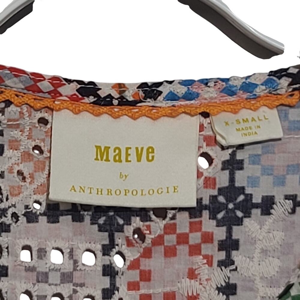 Maeve Anthropologie Eyelet Patchwork Blouse Multi XS GUC Tie Waist Ruffles - Picture 4 of 6